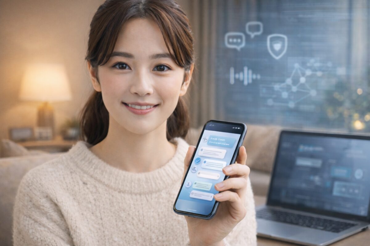 自宅のリビングで冬用のニットを着た日本人女性が、AIチャット画面を表示したスマートフォンを手に微笑んでいる様子