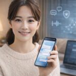 自宅のリビングで冬用のニットを着た日本人女性が、AIチャット画面を表示したスマートフォンを手に微笑んでいる様子