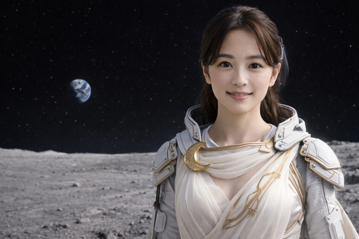月面に立つ日本人女性が、遥か彼方に浮かぶ地球を背景に微笑む。ギリシャ神話の女神アルテミスをモチーフにした白と金の衣装をまとい、宇宙空間と月の大地が広がるシネマティックなイメージ。
