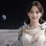 月面に立つ日本人女性が、遥か彼方に浮かぶ地球を背景に微笑む。ギリシャ神話の女神アルテミスをモチーフにした白と金の衣装をまとい、宇宙空間と月の大地が広がるシネマティックなイメージ。