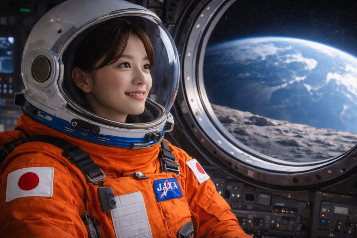 日本の宇宙飛行士（オレンジ色の宇宙服、日の丸パッチとJAXAロゴ付き）が宇宙船の丸窓から月を眺めて微笑むフォトリアル画像