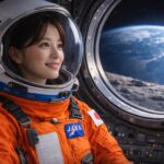 日本の宇宙飛行士（オレンジ色の宇宙服、日の丸パッチとJAXAロゴ付き）が宇宙船の丸窓から月を眺めて微笑むフォトリアル画像