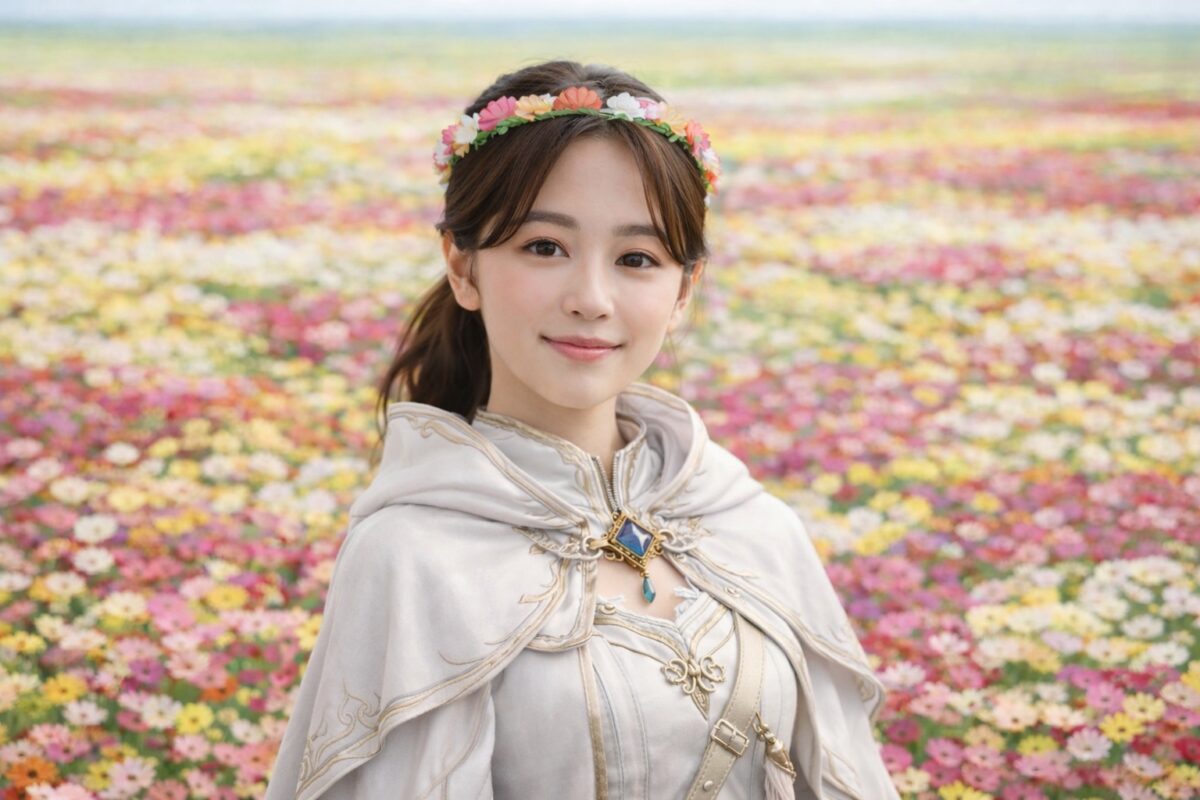 綺麗な「花畑を出す魔法」を唱えて花畑を出した女性