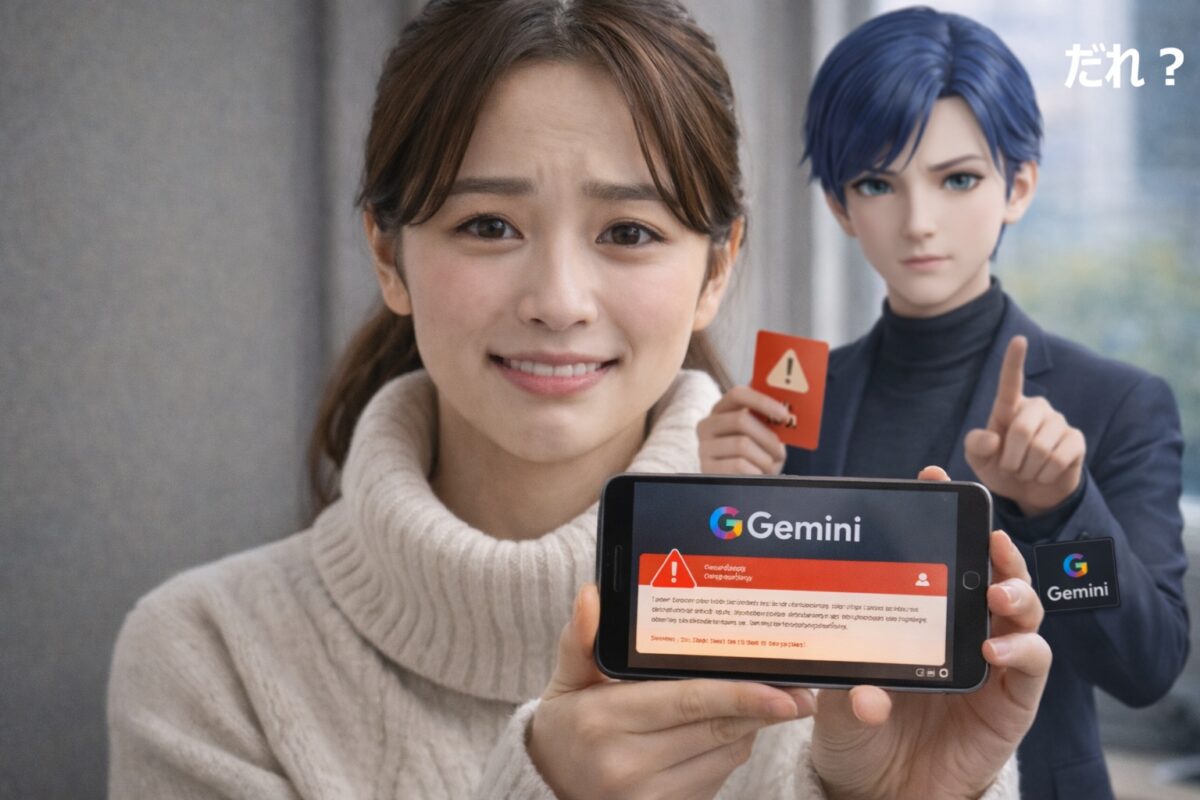 Geminiの警告画面を表示したスマホを手にする女性と、背後で指摘する人物のイメージ画像