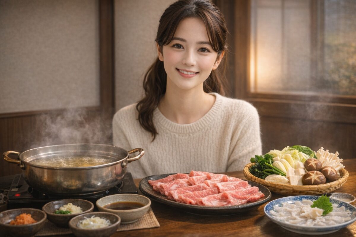 冬の和食店でしゃぶしゃぶ鍋と和牛特選霜降肉、野菜盛り、てっさを前に微笑むブログの日本人女性。木曽路のとらふぐとしゃぶしゃぶコースを楽しむ様子