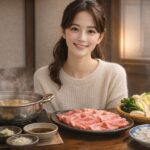 冬の和食店でしゃぶしゃぶ鍋と和牛特選霜降肉、野菜盛り、てっさを前に微笑むブログの日本人女性。木曽路のとらふぐとしゃぶしゃぶコースを楽しむ様子