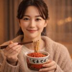 名代富士そばのカップ麺を食べる大晦日の夜の女性