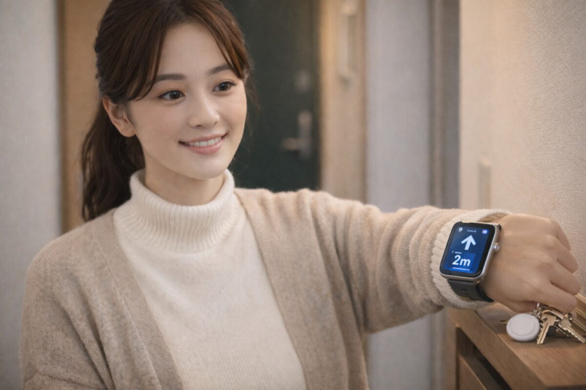 冬の自宅玄関で、Apple WatchのPrecision Findingを使ってAirTag付きの鍵の場所を確認している日本人女性