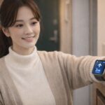 冬の自宅玄関で、Apple WatchのPrecision Findingを使ってAirTag付きの鍵の場所を確認している日本人女性