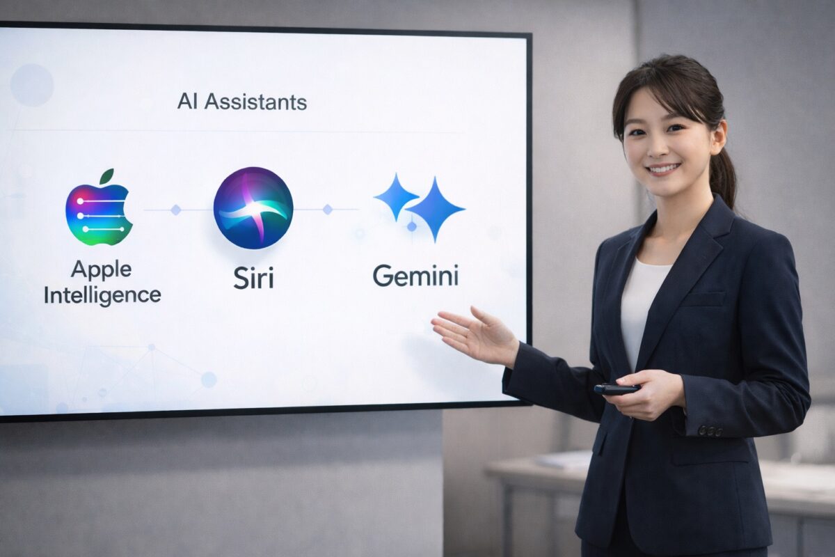 スーツ姿の日本人女性が会議室で、Apple Intelligence・Siri・Geminiのロゴを表示したスライドを指し示しながらプレゼンしている。
