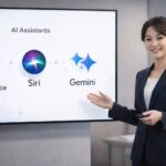 スーツ姿の日本人女性が会議室で、Apple Intelligence・Siri・Geminiのロゴを表示したスライドを指し示しながらプレゼンしている。