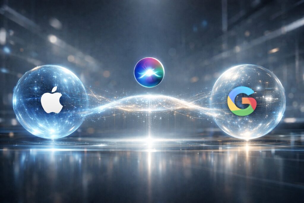 AppleとGoogleのAI連携を表現した未来的なビジュアル。発光する球体がデータの橋でつながれ、中央にSiriアイコンが浮かぶ