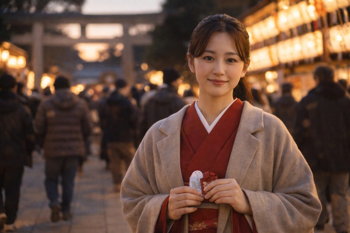 大國魂神社に夕方頃、初詣に来た女性