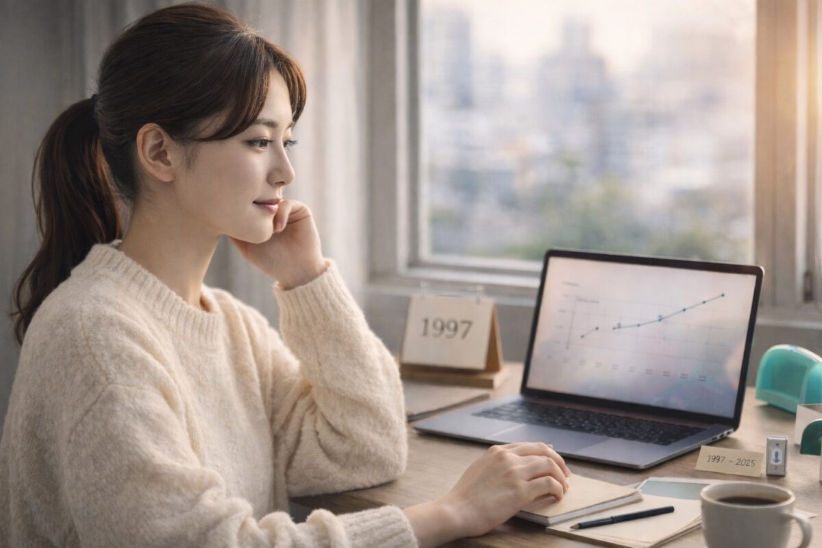 Appleの1997年からの株価推移をながめて思いにふける女性