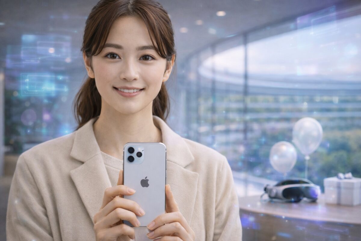 Apple Parkを思わせる室内で、iPhoneを手に微笑むブログの日本人女性。冬らしいベージュの装いと、50周年を祝う落ち着いた記念ムードが伝わる一枚。