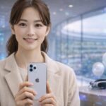 Apple Parkを思わせる室内で、iPhoneを手に微笑むブログの日本人女性。冬らしいベージュの装いと、50周年を祝う落ち着いた記念ムードが伝わる一枚。