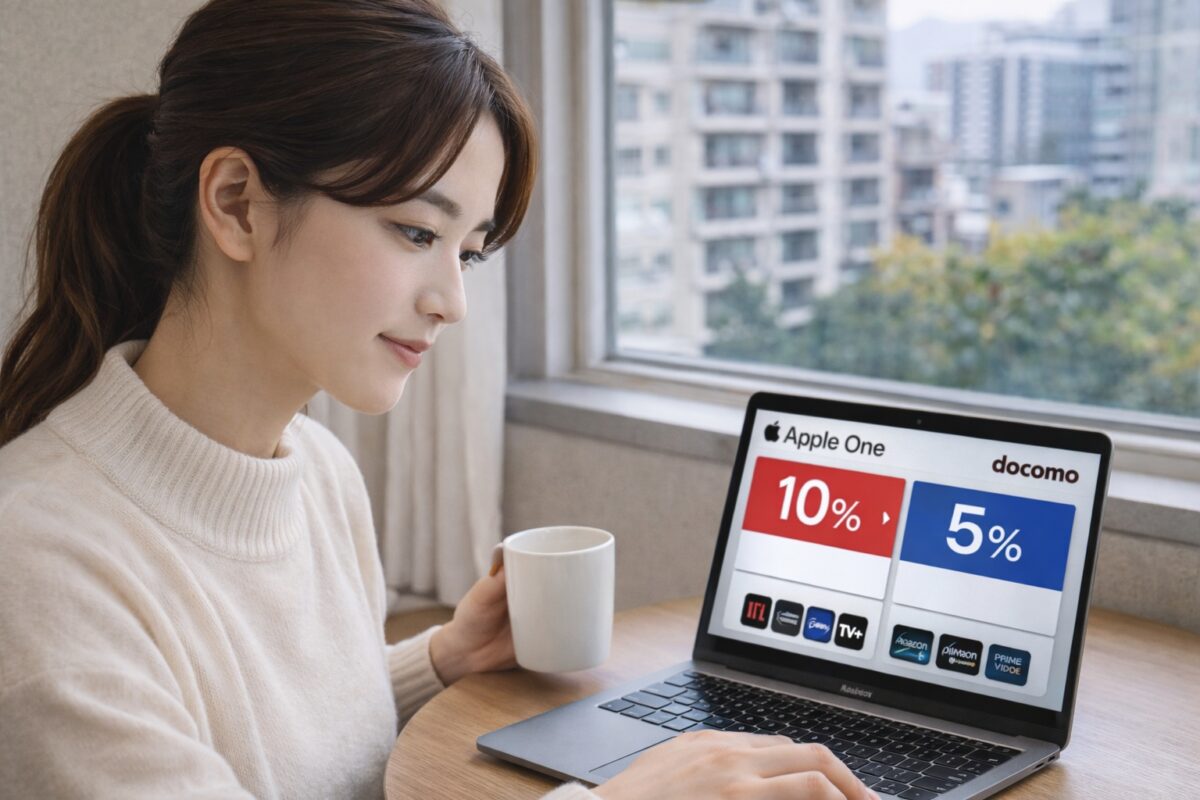 冬の室内で窓辺に座った日本人女性が、MacBookの画面に表示された10％と5％の比較ビジュアルを見つめながら静かに検討している様子。