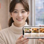 出前館とUber Eatsのロゴが表示された冬の室内で、食事メニューを映したiPhoneを持つ日本人女性