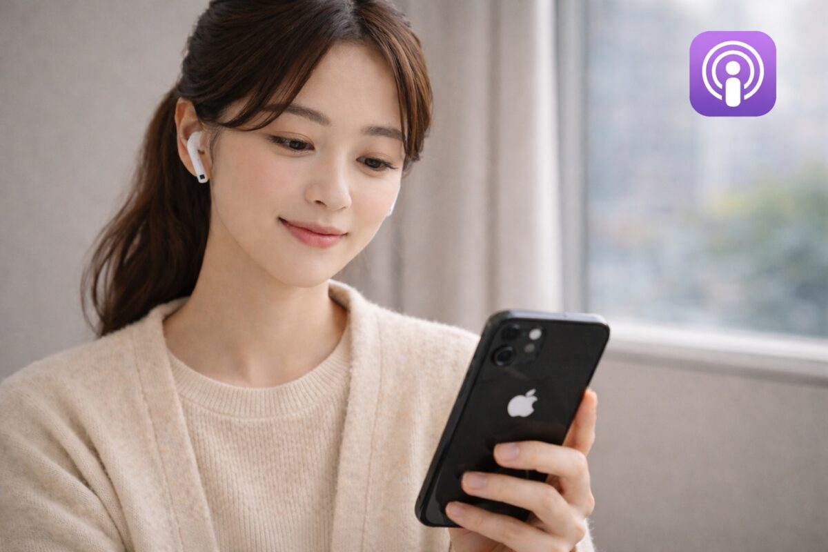 冬の室内で、AirPods Pro 3を装着したブログの日本人女性が、Appleロゴの見えるiPhoneを手にApple Podcastsを聴いている様子