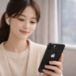 冬の室内で、AirPods Pro 3を装着したブログの日本人女性が、Appleロゴの見えるiPhoneを手にApple Podcastsを聴いている様子