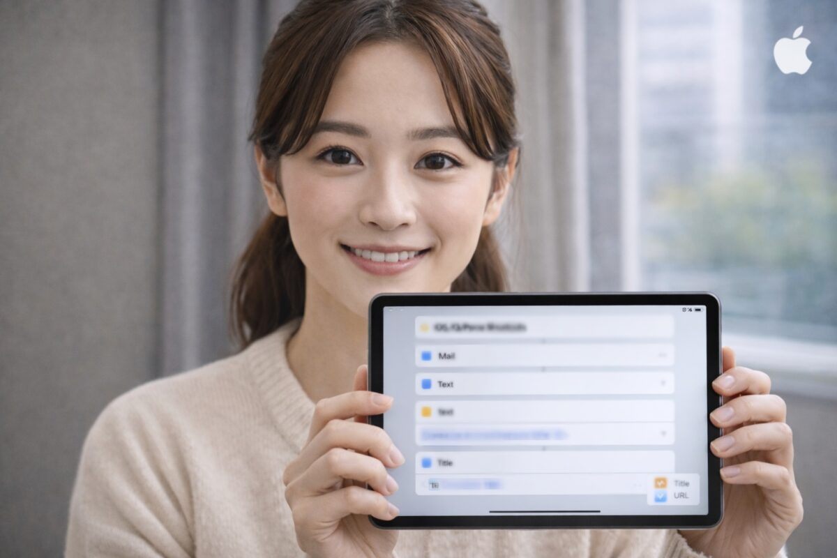 冬の室内でベージュのニットを着た日本人女性が、iPadに表示したiOSショートカットのワークフロー画面（メール受信→テキスト分割→タイトル・URL抽出の流れを連想させるUI）を手に持ち、やさしく微笑んでいる。