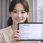 冬の室内でベージュのニットを着た日本人女性が、iPadに表示したiOSショートカットのワークフロー画面（メール受信→テキスト分割→タイトル・URL抽出の流れを連想させるUI）を手に持ち、やさしく微笑んでいる。