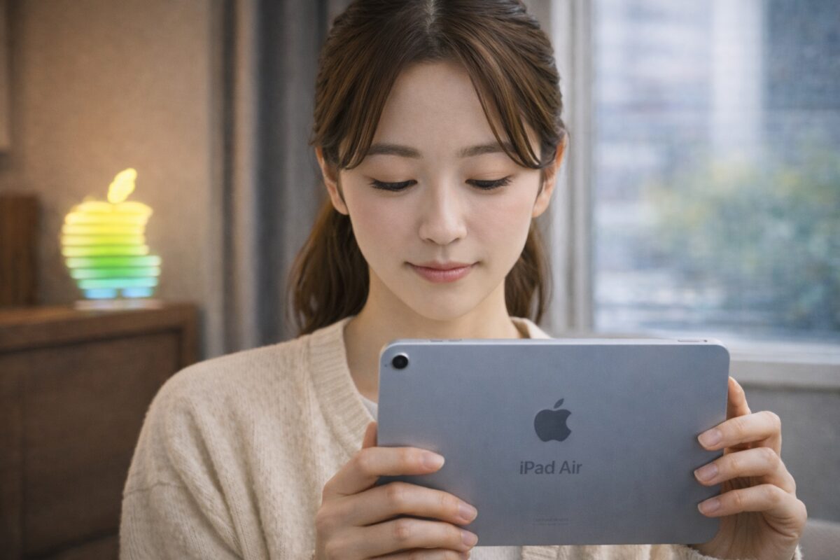 冬の室内で、ベージュのニットを着た「ブログの日本人女性」が、iPad Airの背面（Appleロゴ）を手に持ちながら画面に目を落としている。背景にはやわらかく光るAppleロゴのライトが見える。