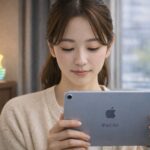 冬の室内で、ベージュのニットを着た「ブログの日本人女性」が、iPad Airの背面（Appleロゴ）を手に持ちながら画面に目を落としている。背景にはやわらかく光るAppleロゴのライトが見える。