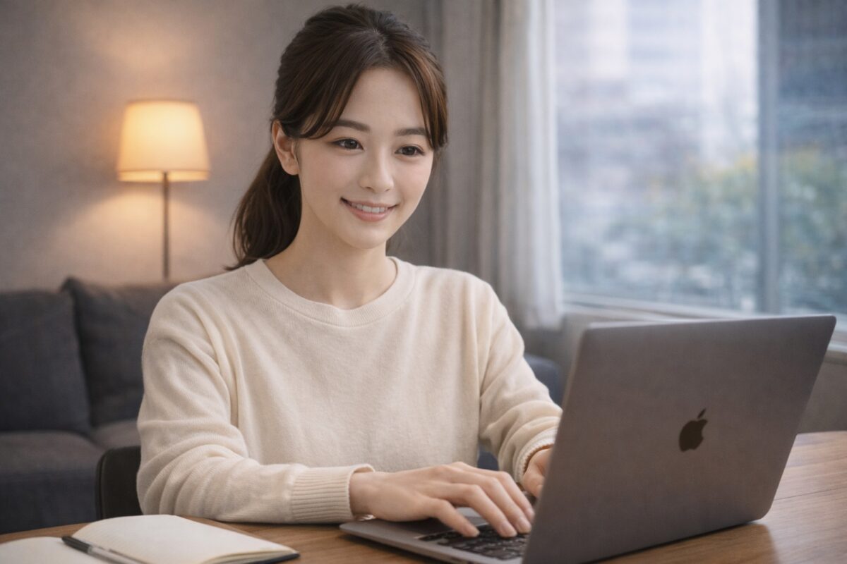 冬の室内のリビング兼ワークスペースで、クリーム色のニットを着た若い女性が木目のテーブルでMacBookを操作し、左奥の暖色フロアランプと右側の大きな窓のボケた景色が背景にある横長写真。