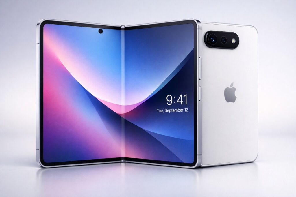 近未来デザインの折りたたみiPhone風スマートフォン。横開きブックスタイルで半開き状態、折り目の見えない7.8インチ内側ディスプレイと5.5インチ外側サブディスプレイを備えたホワイト筐体。黒いカメラプレートにデュアルカメラを搭載したフォトリアル製品レンダー。