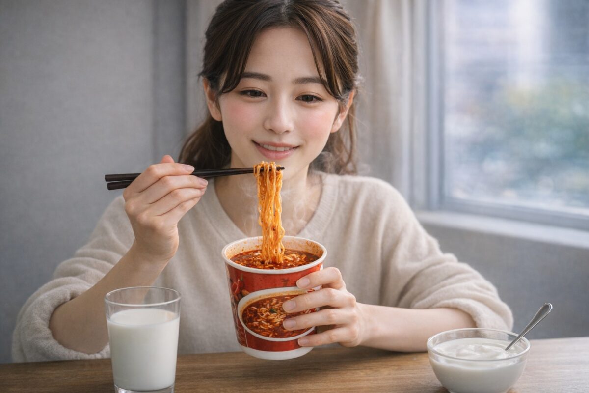 冬の室内で、ベージュのニットの袖をまくった日本人女性が、湯気の立つ激辛カップ麺を箸で持ち上げながら食べている。目が少し潤み頬がほんのり赤い表情で、テーブルには牛乳のグラスとプレーンヨーグルトが並んでいる。