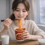 冬の室内で、ベージュのニットの袖をまくった日本人女性が、湯気の立つ激辛カップ麺を箸で持ち上げながら食べている。目が少し潤み頬がほんのり赤い表情で、テーブルには牛乳のグラスとプレーンヨーグルトが並んでいる。