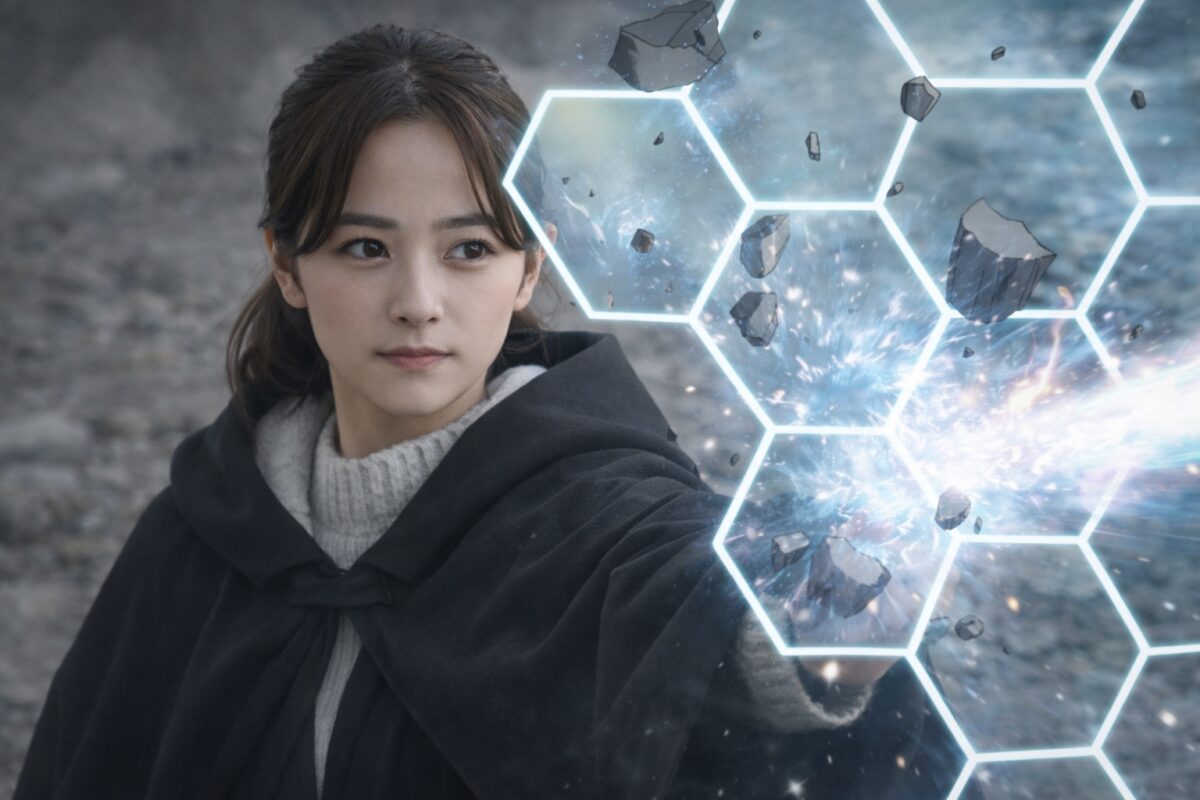 防御魔法の六角形シールドを展開して魔族の攻撃を受け止める、黒いローブ姿の日本人女性魔法使い（実写フォトリアル）