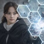 防御魔法の六角形シールドを展開して魔族の攻撃を受け止める、黒いローブ姿の日本人女性魔法使い（実写フォトリアル）