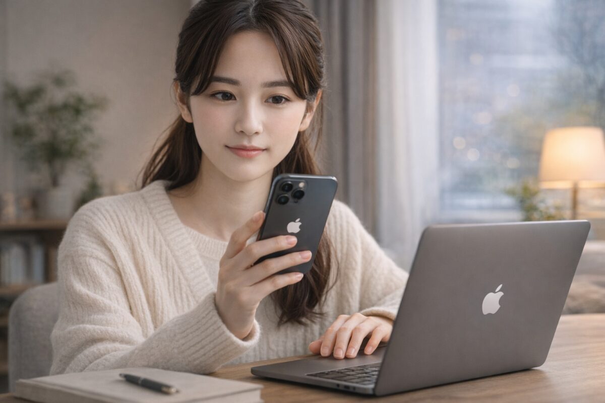 冬の自宅ワークスペースで、MacBookの前に座り、iPhoneを手にiOSアップデートを確認している日本人女性。暖色ライトと窓からの自然光に包まれた落ち着いた室内。