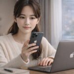 冬の自宅ワークスペースで、MacBookの前に座り、iPhoneを手にiOSアップデートを確認している日本人女性。暖色ライトと窓からの自然光に包まれた落ち着いた室内。