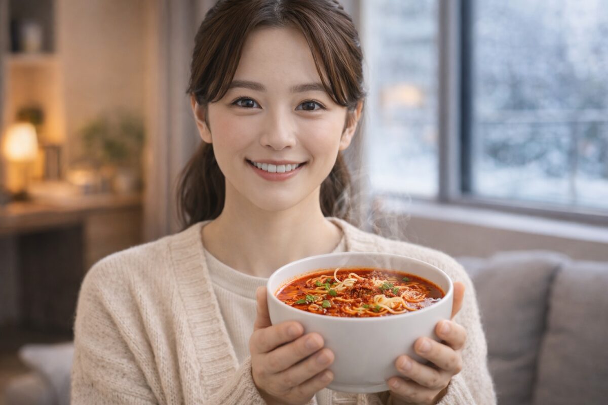 冬の室内で、クリーム色のニットを着た女性が湯気の立つ激辛ラーメンを白いどんぶりで両手に持ち、カメラに向かって笑顔を見せている