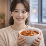 冬の室内で、クリーム色のニットを着た女性が湯気の立つ激辛ラーメンを白いどんぶりで両手に持ち、カメラに向かって笑顔を見せている