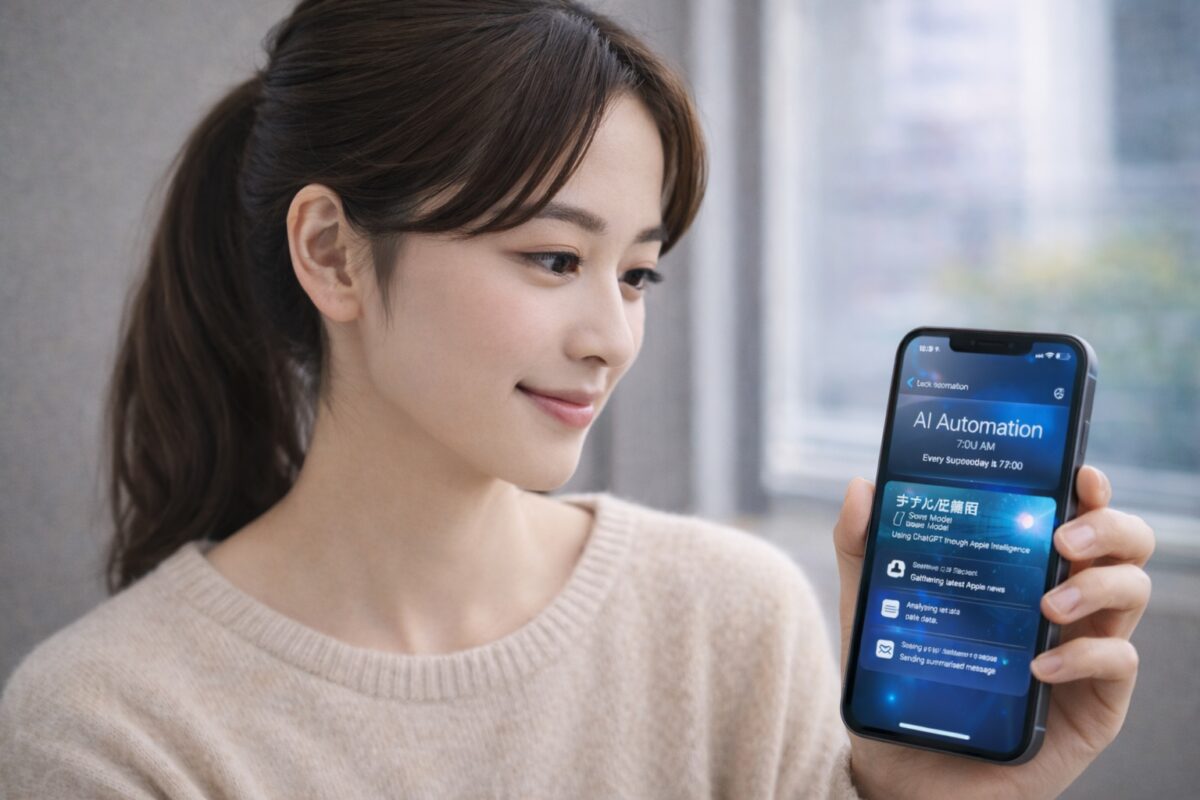 iPhoneの画面を見ながら、Apple Intelligence経由でChatGPTを使うイメージ