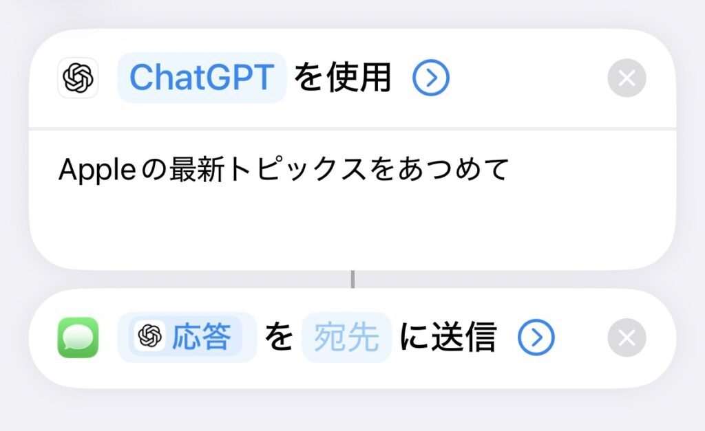 ショートカットで「ChatGPTを使用」に「Appleの最新トピックスをあつめて」と入力し、その応答をメッセージで送信する設定画面