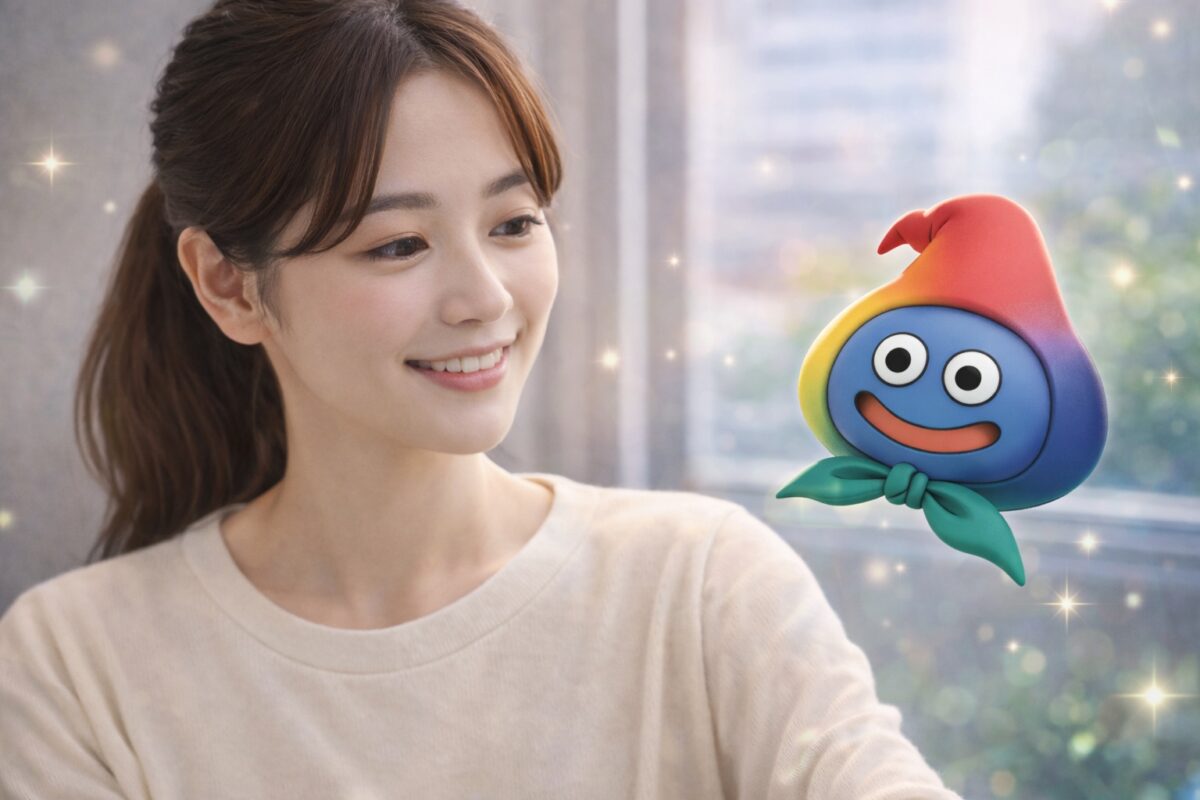 やわらかい自然光の室内で、日本人女性が微笑みながら浮かぶ「おしゃべりスラミィ」を見つめている様子。対話型AIバディとして寄り添うイメージ。