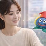 やわらかい自然光の室内で、日本人女性が微笑みながら浮かぶ「おしゃべりスラミィ」を見つめている様子。対話型AIバディとして寄り添うイメージ。