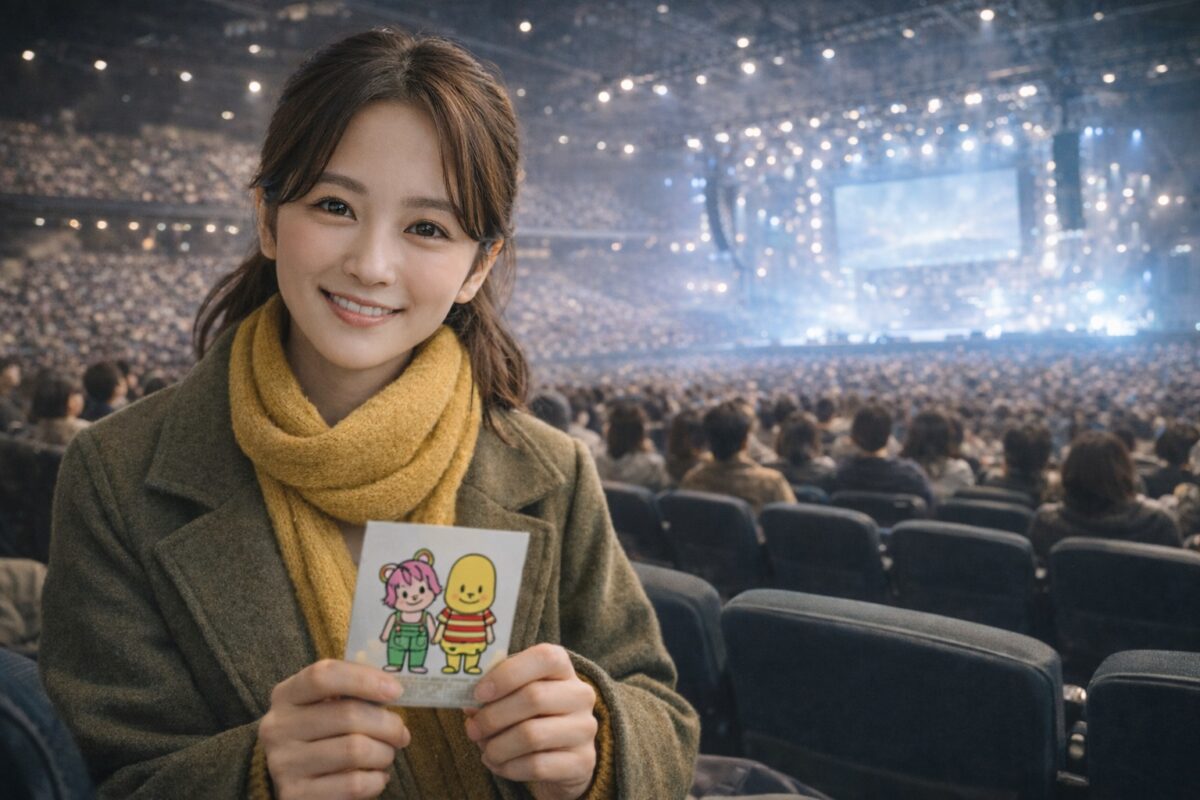 東京ガーデンシアターのアリーナ前方席で、オリーブグリーンのコートとマスタードイエローのマフラーを身につけた20代の日本人女性が、ぽんぽことピーナッツくんが描かれた冊子を手に笑顔で写っている。背景には大きなステージと満員の客席が広がっている。