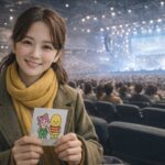 東京ガーデンシアターのアリーナ前方席で、オリーブグリーンのコートとマスタードイエローのマフラーを身につけた20代の日本人女性が、ぽんぽことピーナッツくんが描かれた冊子を手に笑顔で写っている。背景には大きなステージと満員の客席が広がっている。